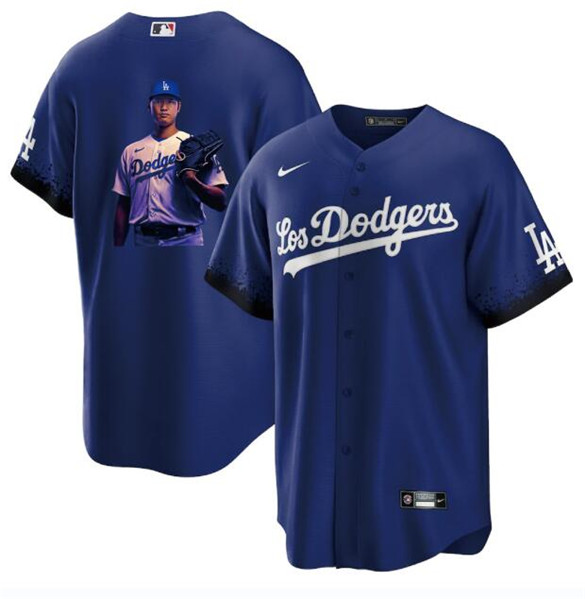 Men's Los Angeles Dodgers #17 Shohei Ohtani Blue Big Logo City Connect Cool Base Stitched Jersey